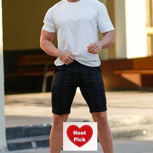 Mens Shorts - Gingtto Vertical striped Chino Shorts Black. Size: 32US Skinny Fit